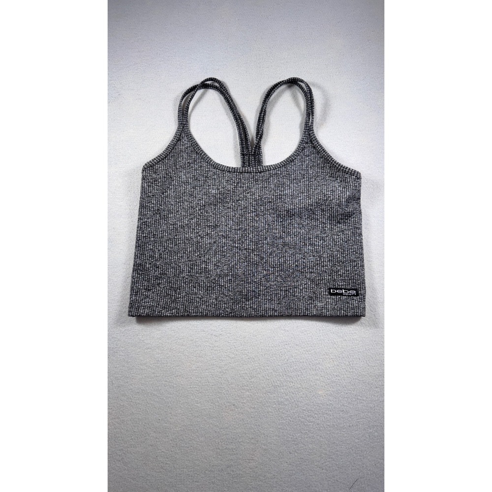 Bebe Sport Womens Ribbed Knit Racerback Crop Top Gray Marl Athletic Tank Small